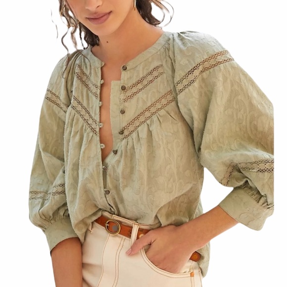 Anthropologie Tops - Anthropologie Harmony Eyelet Lace Green Boho Peasant Blouse Large